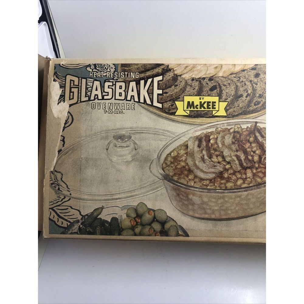 *Glassbake Clear Oval 1 Quart Casserole Dish Baking Pan 225 With Lid & Box. Vtg